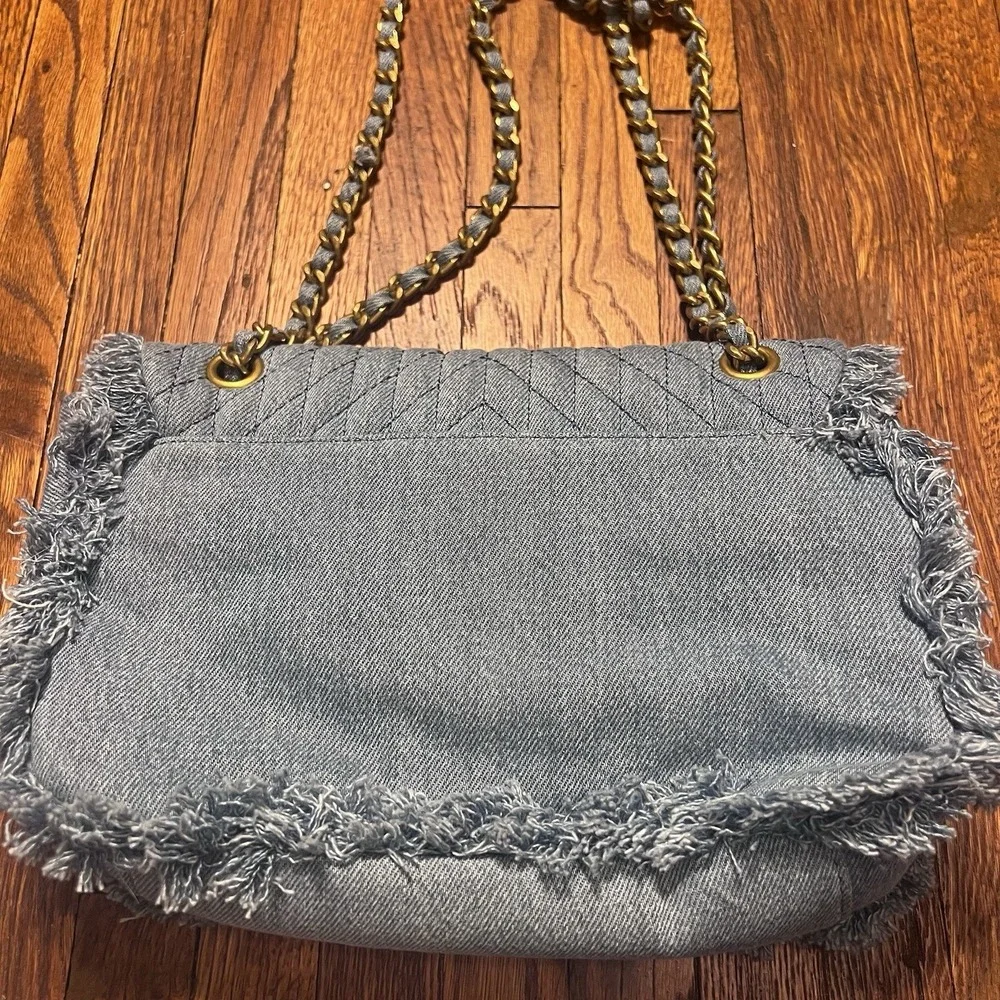 Karl Lagerfeld Paris Denim Shoulder Bag Quilted Pearl Chain Fringe Handbag Blue